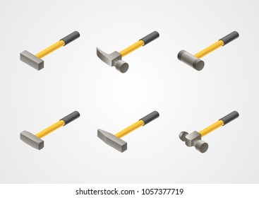 Illustration set isolated isometric building tools, hammers