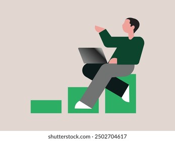 Illustration set of isolated people with computers at workplace virtual video conference call and meeting. Diverse men and women with laptops at remote work online business.
