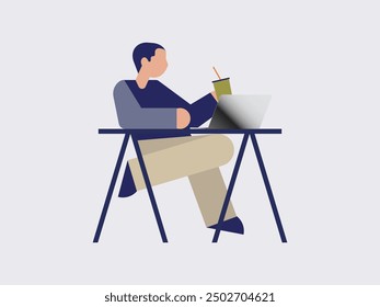 Illustration set of isolated people with computers at workplace virtual video conference call and meeting. Diverse men and women with laptops at remote work online business.