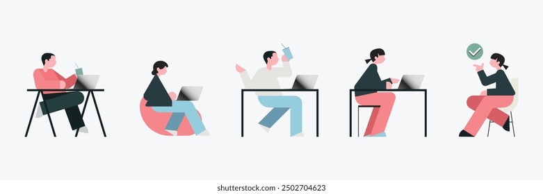 Illustration set of isolated people with computers at workplace virtual video conference call and meeting. Diverse men and women with laptops at remote work online business.