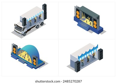 illustration set of isometric music stages, white background suitable for picture book assets, games and related assets