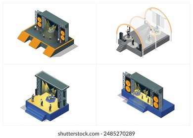 illustration set of isometric music stages, white background suitable for picture book assets, games and related assets