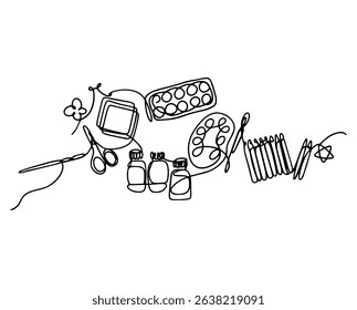 Illustration with a set of items for children's creativity, hand-drawn in line art style.