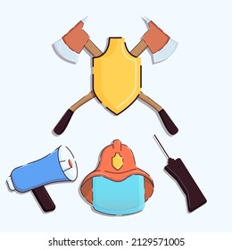 Illustration of a set of items for firefighters. Fire safety concept. Stock vector illustration. On a white background.