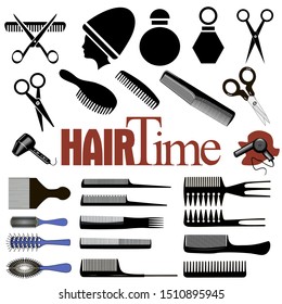 Illustration set of items for the hairdresser comb, scissors, hair dryer with the inscription hair time.