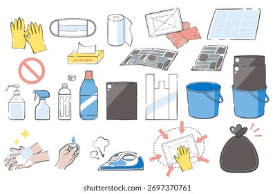 Conjunto de ilustración de artículos necesarios para los productos de eliminación de vómitos