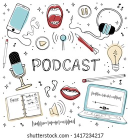 Illustration set of items on the topic of podcasts. Microphone, laptop, headphones, mouth, ear, calendar and other items. Objects are isolated on a white background. Cute doodle style. 