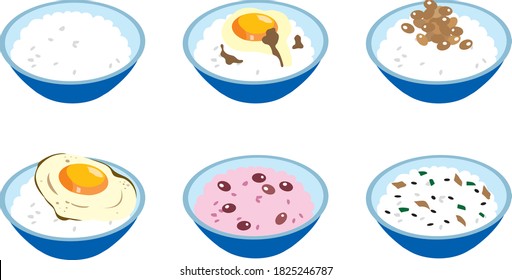 Illustration set of Japanese food served in a bowl