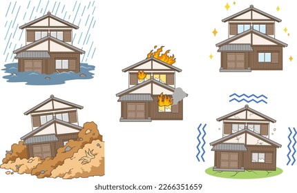 Illustration set of a Japanese house in trouble