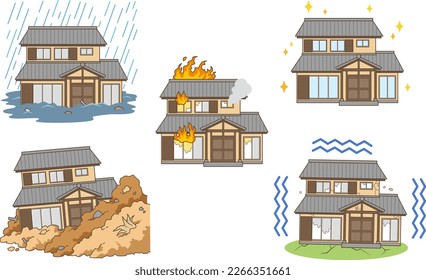 Illustration set of a Japanese house in trouble