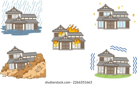 Illustration set of a Japanese house in trouble