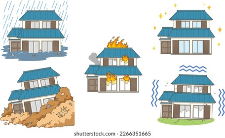 Illustration set of a Japanese house in trouble
