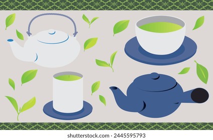 Illustration set of Japanese pattern background and blue ceramic teapot and green tea