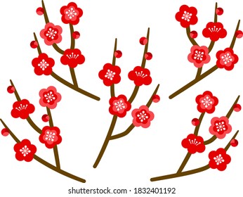 Illustration set of Japanese style branches with plum blossoms and buds