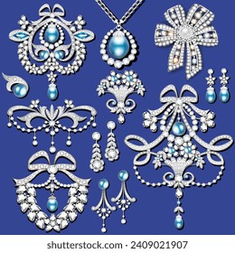 Illustration of a set of jewelry brooches, earrings and pendants made of silver with precious stones and pearls.