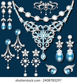 Illustration of a set of jewelry brooches, necklaces, earrings and pendants made of silver with precious stones and pearls