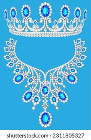 Illustration set of jewelry diadem and necklace with precious stones