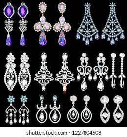 Illustration set of jewelry earrings with precious stones