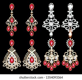 Illustration set of jewelry earrings with precious stones