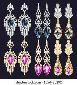 Illustration set of jewelry earrings with precious stones