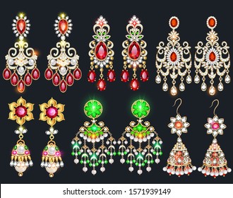 Illustration set of jewelry earrings with precious stones