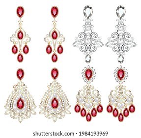 Illustration set of jewelry earrings with precious stones isolated on white background. 