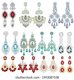 Illustration set of jewelry earrings with precious stones isolated on white background.