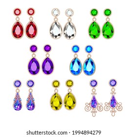 Illustration set of jewelry earrings with precious stones isolated on white background.