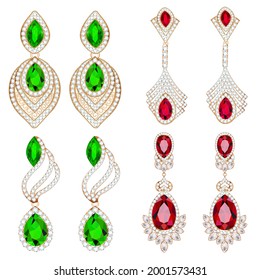 Illustration set of jewelry earrings with precious stones isolated on white background.