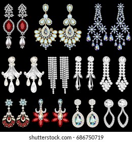 Illustration set of jewelry earrings with precious stones