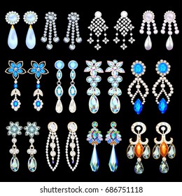 Illustration set of jewelry earrings with precious stones