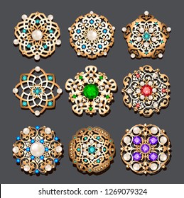 Illustration set of jewelry gold brooch with precious stones and pearls