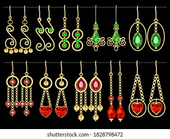 Illustration set of jewelry gold earrings with chains and precious stones