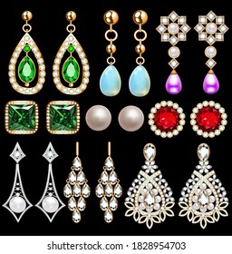 Illustration set of jewelry gold earrings with chains and precious stones