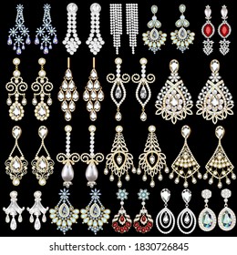 Illustration set of jewelry gold earrings with chains and precious stones