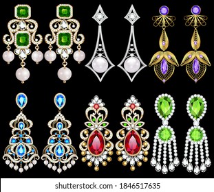 Illustration set of jewelry gold earrings with chains and precious stones