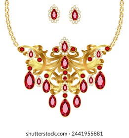 Illustration of a set of jewelry gold necklace and earrings with rubies