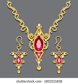 Illustration set of jewelry gold pendant with chain and earrings