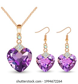 Illustration set of jewelry gold pendant in the shape of a heart on a chain and earrings with precious stones 