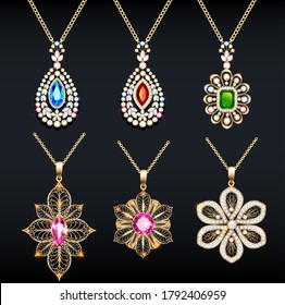 Illustration set of jewelry gold pendants with filigree and precious stones