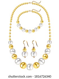 Illustration set of jewelry necklace, bracelet and earrings from gold and pearl beads