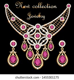 Illustration of a set of jewelry necklace and earrings with a female with pink gemstones