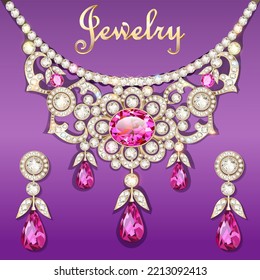 Illustration of a set of jewelry necklace and earrings with a female with pink gemstones