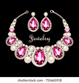 Illustration of a set of jewelry necklace and earrings with a female with pink gemstones