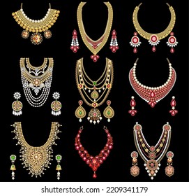 Illustration set of jewelry necklace with gold earrings with precious stones.