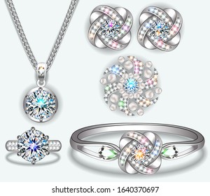 Illustration set of jewelry with pendant, bracelet, ring, earrings and brooch.