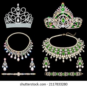 Illustration set of jewelry tiaras, necklace, earrings and bracelets with precious stones