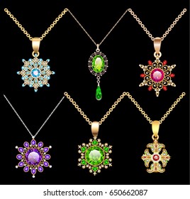 Illustration set of jewelry vintage pendants ornament made of beads of gold color and precious stones and pearls