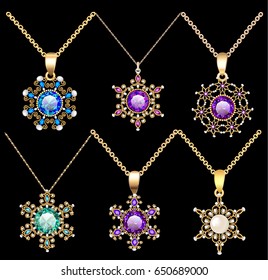 Illustration set of jewelry vintage pendants ornament made of beads of gold color and precious stones and pearls