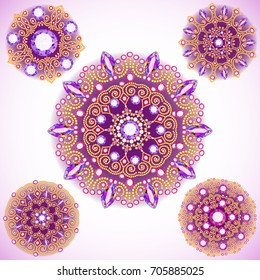 Illustration set of jewelry vintage pendants ornament made of beads of gold color and precious stones and pearls